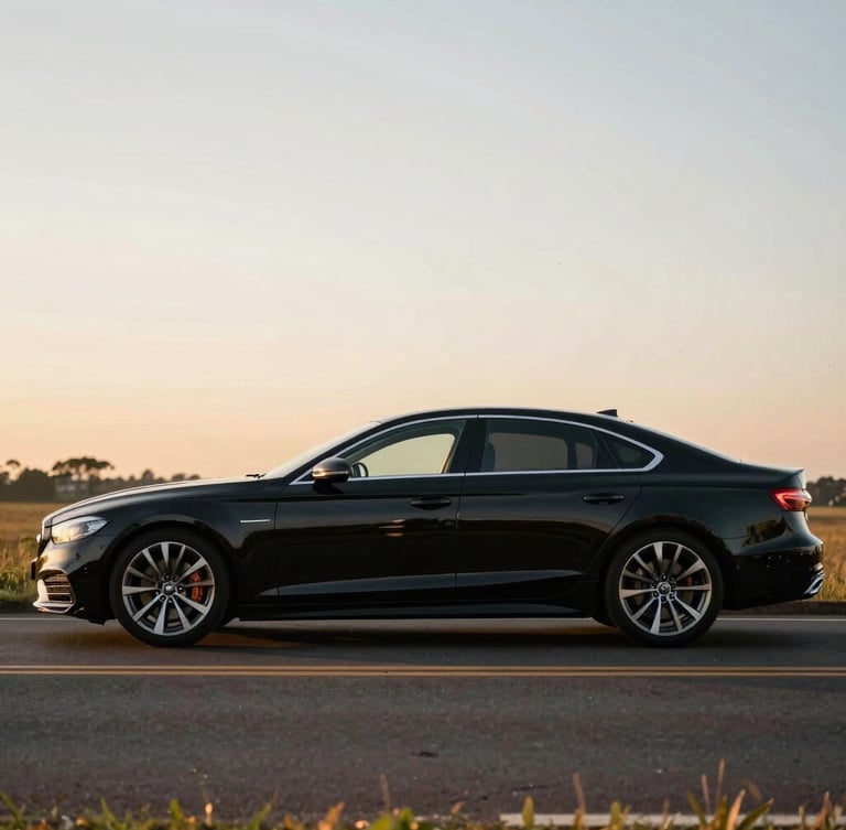 Wide elegant side-profile shot of a polished black executive sedan parked on a quiet regional highway in Minas Gerais at golden hour, soft natural light reflecting off clean car surfaces, 35mm