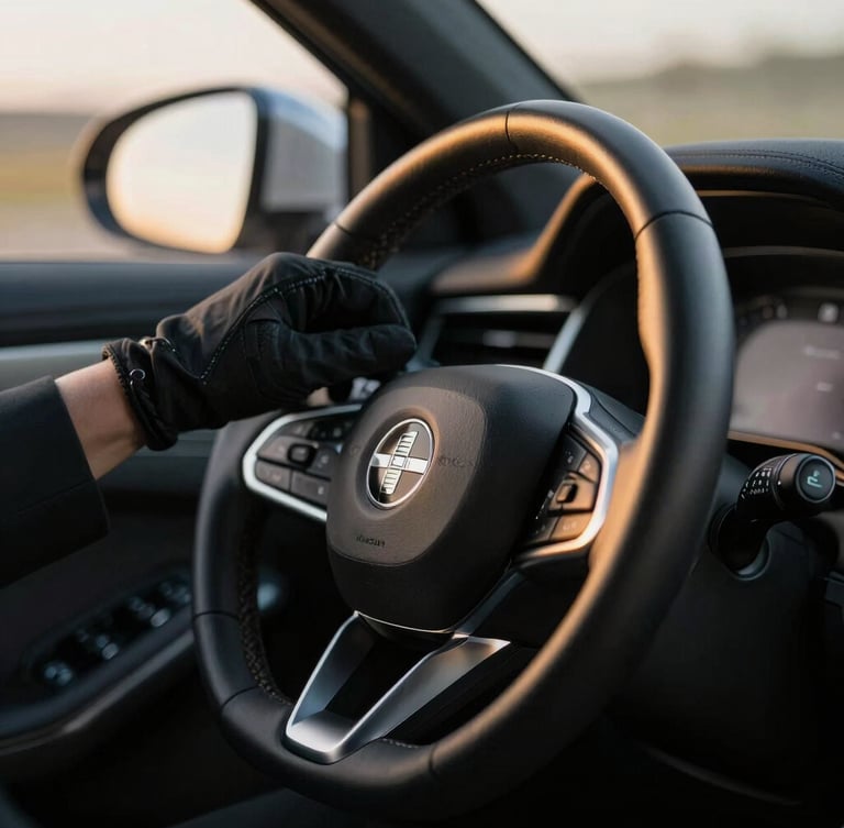 Close-up of a professional driver's gloved hand on a leather steering wheel of a modern luxury car, soft golden light entering through the window, shallow depth of field
