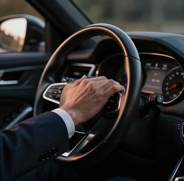 Close-up of a hand in a tailored suit on a leather steering wheel of a polished black executive sedan, low-key dramatic studio lighting, deep metallic tones, shallow depth of field, 35mm