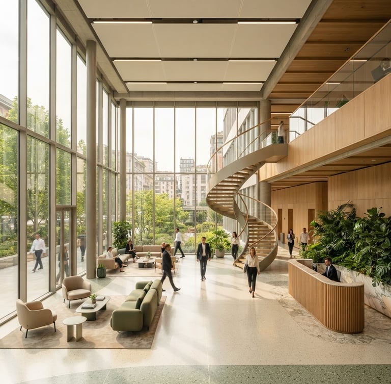 Professional wide shot of a modern Milanese office lobby with clean glass facades and warm sunlight, architectural editorial photography