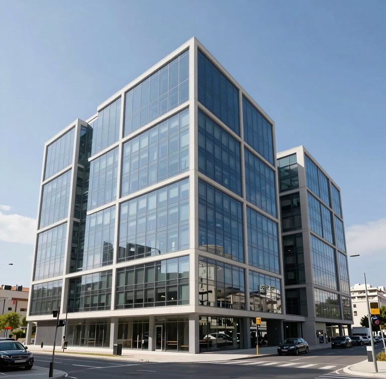 Wide architectural view of a modern, geometric corporate headquarters building with clean glass facades under a bright blue Marseille sky, daylight, premium editorial corporate photography.