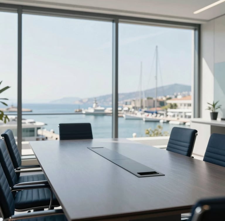 Premium editorial corporate photography of a modern, sunlit boardroom overlooking a Mediterranean harbor, bright natural daylight, sophisticated navy and cool gray tones, shallow depth of field, 35mm