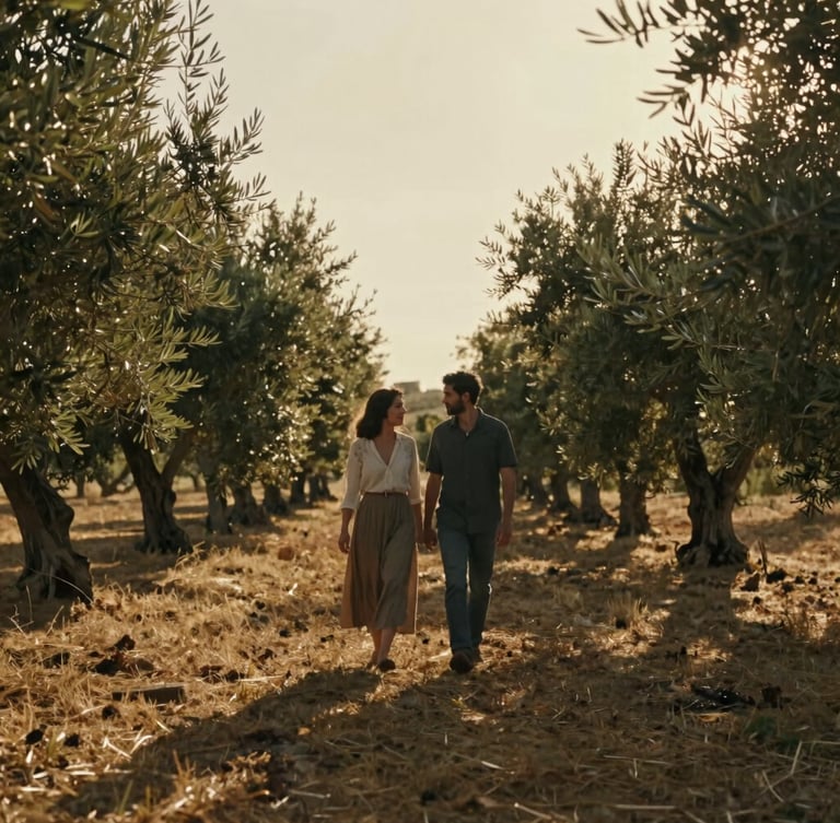 Wide environmental portrait of a couple walking through a sun-drenched olive grove in Spain, low angle, cinematic scale, dramatic golden hour backlight, soft film grain texture.
