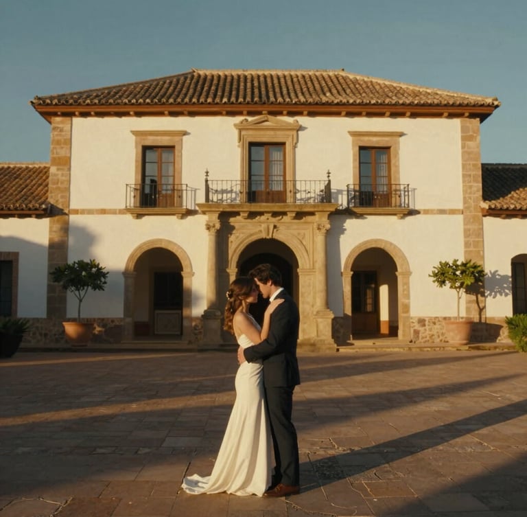 Cinematic wide shot of a couple embracing in a historic Spanish estate, golden hour light casting long shadows, warm tones, high contrast, film grain.