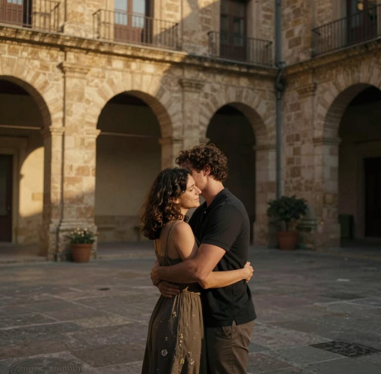 Cinematic medium shot of a couple embracing in a historic stone courtyard in Spain, dramatic side lighting from golden hour, shadows falling across the warm stone, authentic emotion, documentary style.