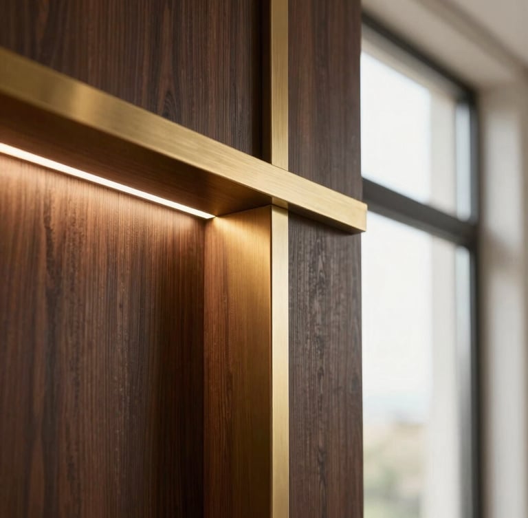 Close-up architectural detail of premium materials, polished dark wood meeting brushed brass trim, warm side lighting, shallow depth of field, high-end craftsmanship