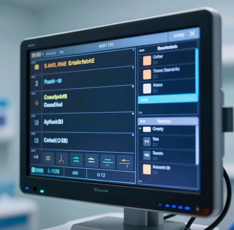 Close-up of a digital surgical dashboard on a wall-mounted monitor, displaying customizable workflow steps and real-time status cards, cool hospital lighting, deep petroleum blue tones, sharp focus, 35mm lens