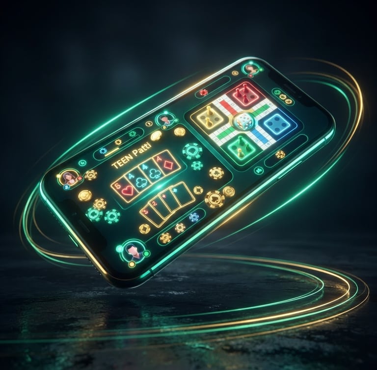 Vibrant 3D render of a smartphone floating over a dark surface, displaying a colorful Teen Patti and Ludo hybrid game interface, glowing neon emerald green and gold light trails, dramatic studio lighting, close-up angled shot.