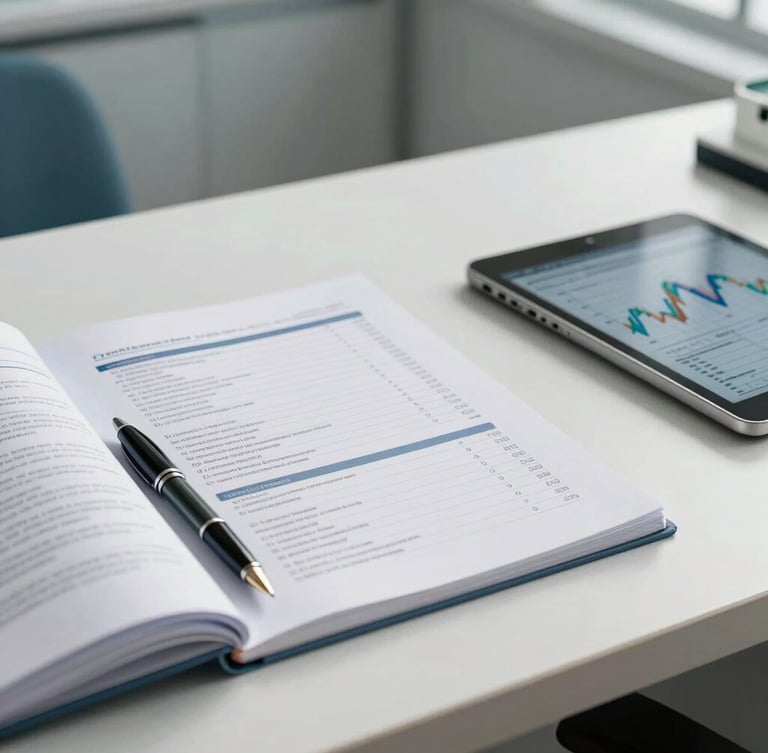 A clean, modern medical office desk with an open analytical report, a fountain pen, and a tablet showing financial graphs in clear daylight, high-end clinical environment