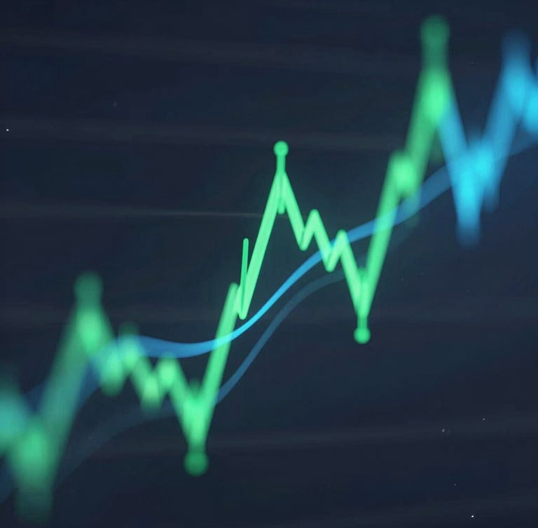 Sleek 3D render of abstract financial charts, deep slate background, vibrant neon emerald and electric blue data flows, crisp studio lighting, macro focus