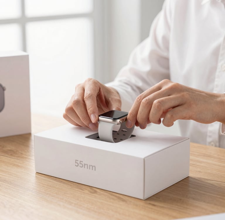 A clean high-key photograph of a customer unboxing a premium smartwatch box on a wooden desk, soft natural window light, sharp focus, 50mm