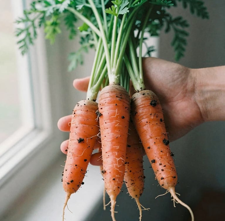 Close-up of hands holding freshly harvested heirloom carrots with rich dark soil clinging to the roots, soft morning Scandinavian daylight, shallow depth of field, 35mm film.