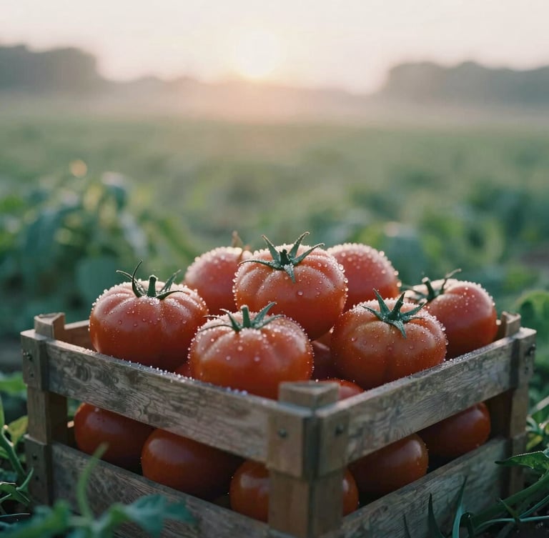 A dew-covered crate of heirloom tomatoes sitting in a field at sunrise, soft golden morning light, low angle, rich green and crimson tones, shallow depth of field.