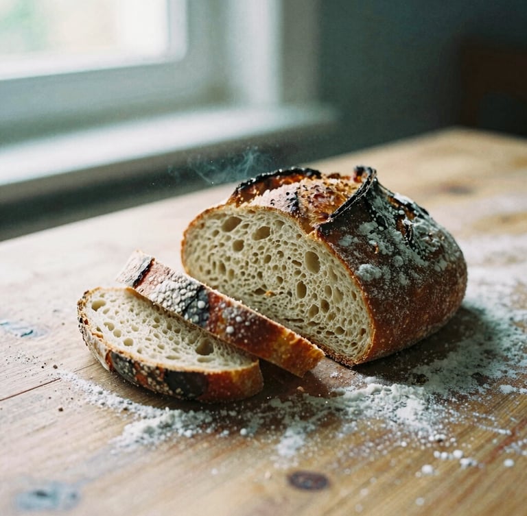 Close-up of fresh sourdough bread being sliced on a rustic wooden table, flour dusting the air, soft Scandinavian window light, shallow depth of field, 35mm film