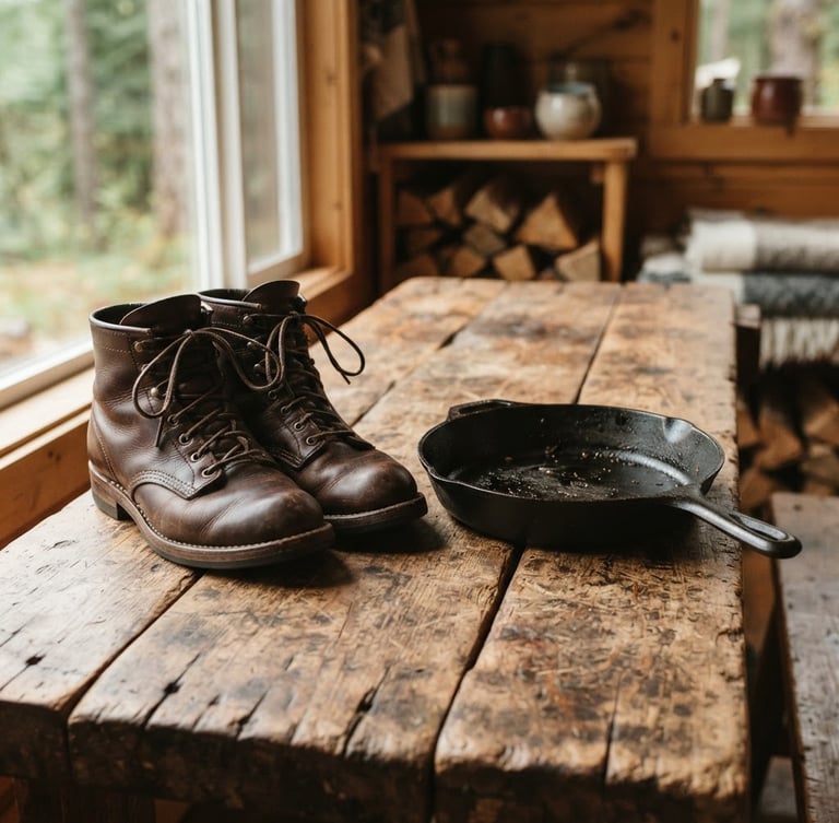 A clean product shot of premium leather boots and a cast-iron skillet on a rustic wooden bench, soft natural window light, warm Pacific Northwest tones, 50mm lens