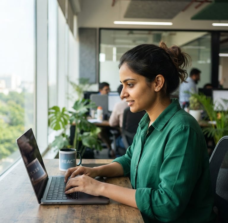 A sharp, high-focus portrait of a young Indian software engineer in a modern Bangalore workspace, bright natural window lighting with subtle emerald green highlights, shallow depth of field, 35mm lens