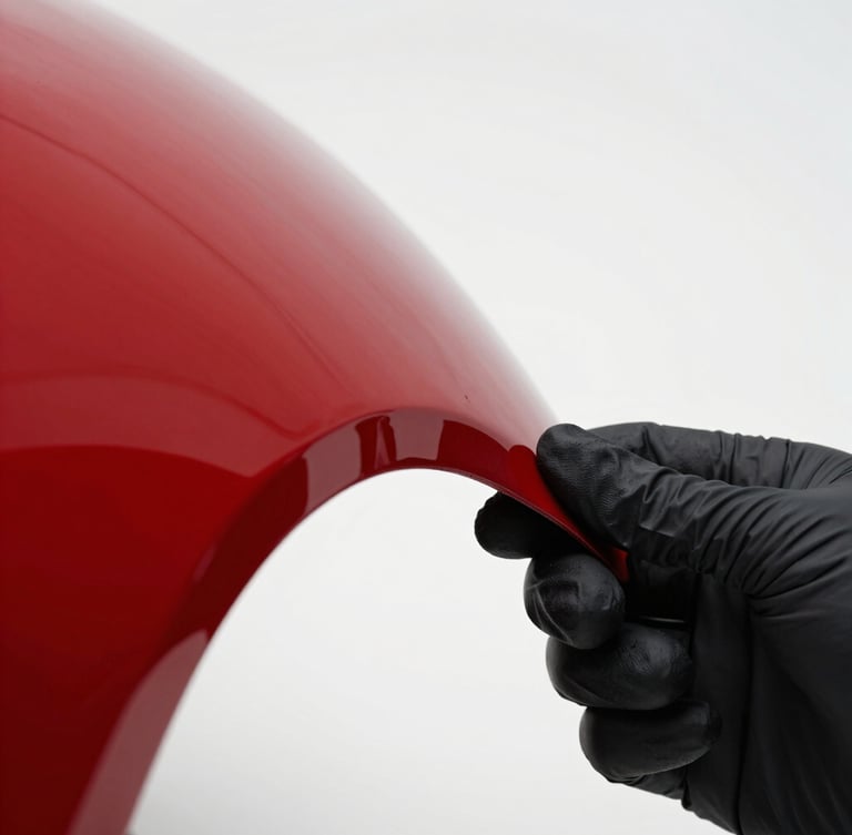 Macro detail shot of a gloved hand meticulously wrapping a seamless edge of a red sports car fender, high contrast, clinical white studio lighting, sharp focus on the edge