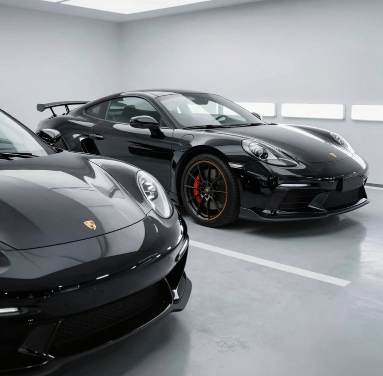 Wide angle automotive photography of a clean clinical detailing studio, white led line lights reflecting on a black sports car, dust-free environment, pristine concrete floor