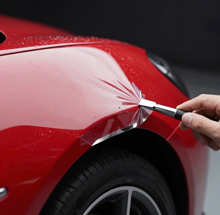 Extreme close-up macro photography of a red sports car fender, a hand applying invisible paint protection film with surgical precision, clinical studio lighting, sharp reflections, deep black background