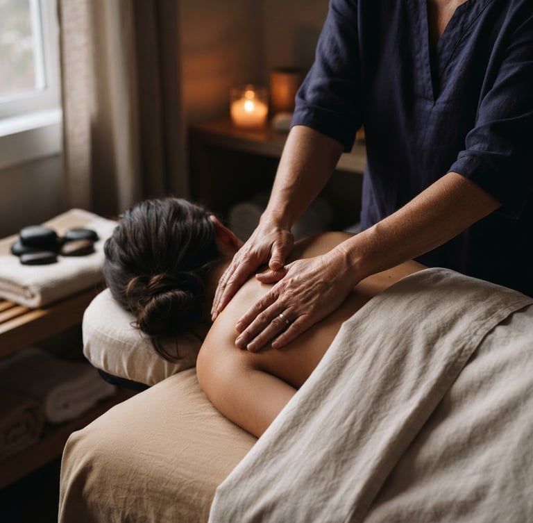 Close-up of professional hands applying therapeutic pressure on a client's shoulder, warm basalt stones visible on a clean folded organic towel in the background, soft diffused twilight from a window, deep indigo and warm sand tones, shallow depth of field, 35mm.