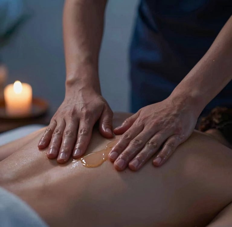 Close-up macro shot of professional therapist's hands applying warm natural massage oil to a client's back, focus on the hands and oil, soft diffused twilight lighting, warm editorial photography, deep indigo and warm sand tones, shallow depth of field, 35mm
