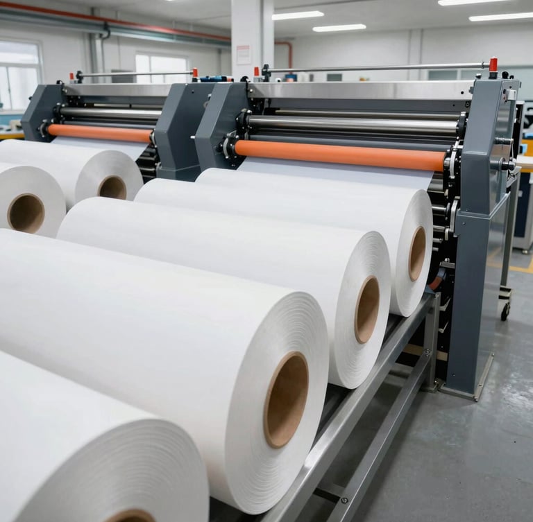 Wide-angle architectural shot of a bright, clean-room style industrial factory floor with massive rolls of raw paper stock feeding into high-speed corrugating machinery