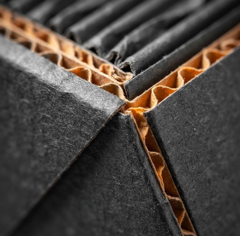 Extreme macro close-up of sharp structural folds on a pristine dark gray corrugated carton, bright clean-room industrial lighting, technical depth of field