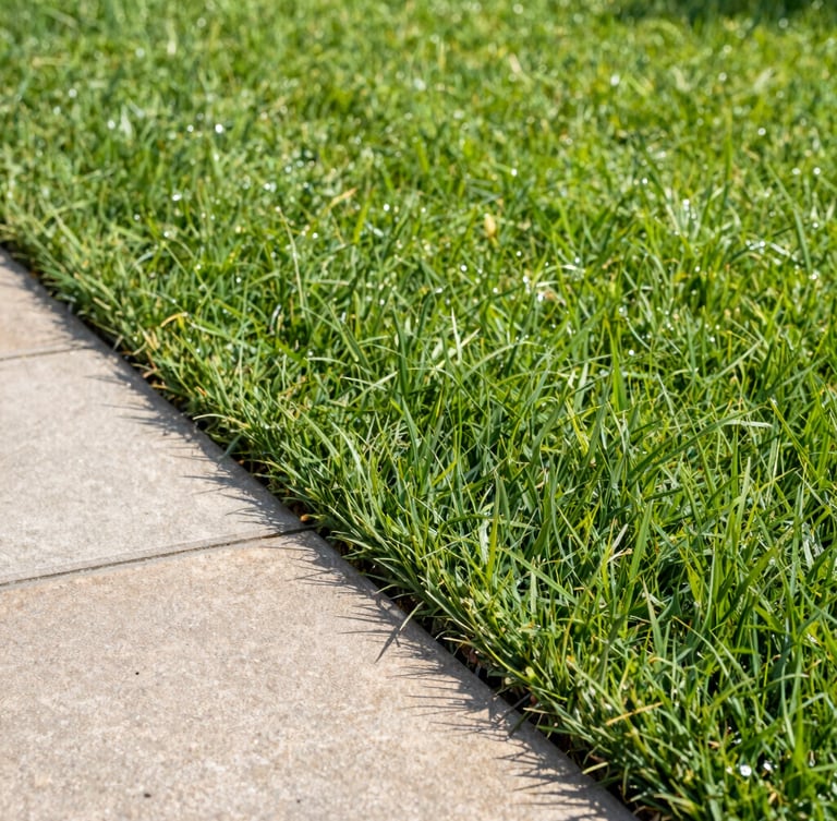 Eye-level close-up of a perfectly manicured lawn with sharp, clean edge lines bordering a stone walkway, soft morning sunlight, rich green turf, 35mm lens
