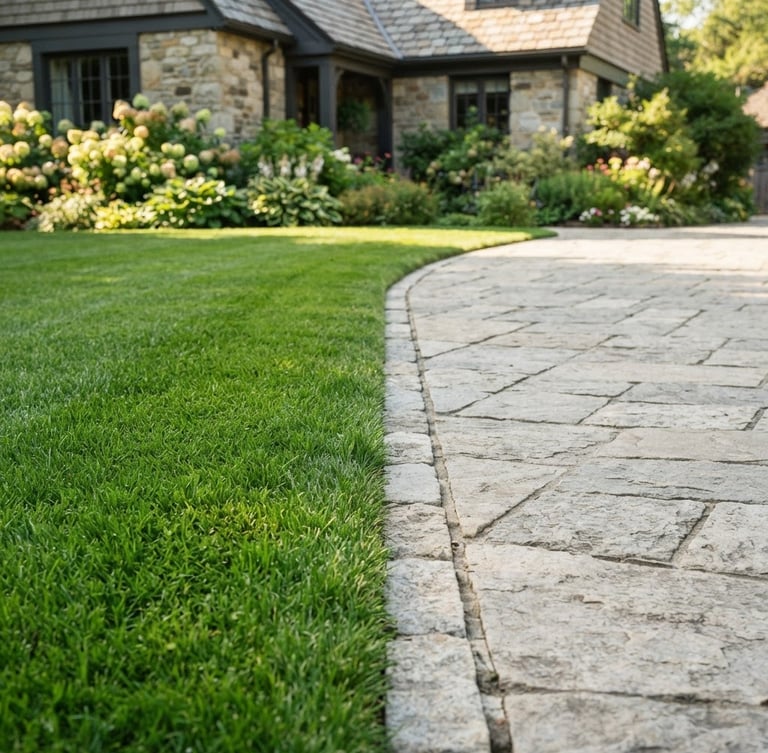 A crisp eye-level shot of a perfectly manicured green lawn with sharp edge lines along a clean stone driveway, bright morning daylight, rich natural greens.