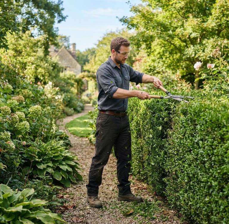 A professional landscaper in clean workwear trimming a hedge in a lush green garden, bright morning daylight, crisp editorial photography, 35mm lens