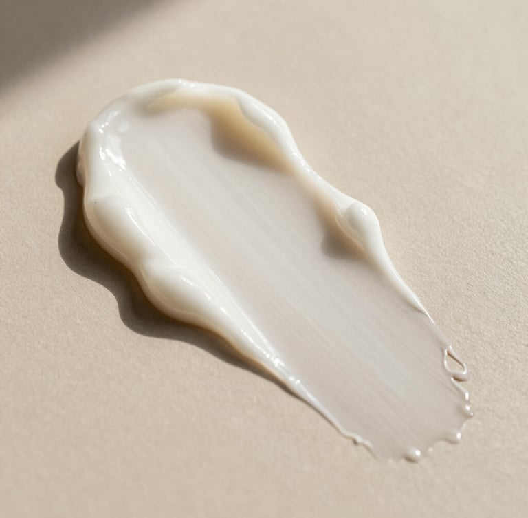Extreme close-up of a luxurious, silky cream texture being swiped on a warm, minimalist surface. Soft, diffused natural daylight with delicate shadows, highlighting clean formulation.
