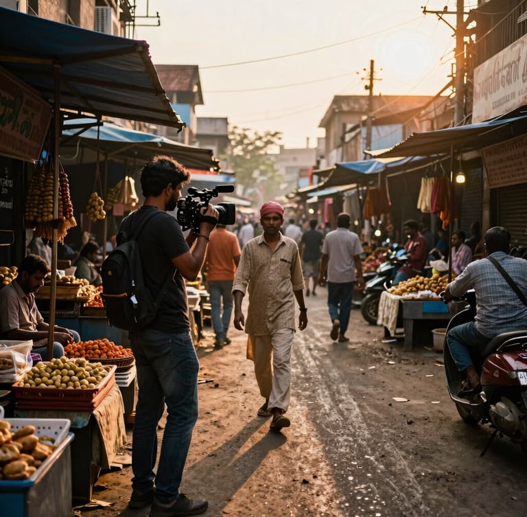 Behind-the-scenes video shoot in a bustling Pune market, camera operator capturing a street vendor, warm golden-hour light, dynamic low-angle shot.
