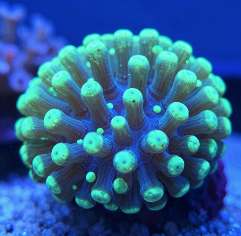 Macro photograph of healthy glowing live coral polyps under crisp blue marine LED lighting, sharp details, laboratory setting