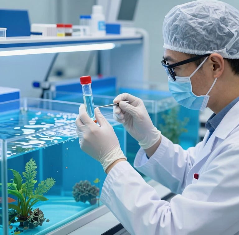 A marine biologist in a clean lab coat inspecting a water sample vial in front of clean, glowing blue aquaculture tanks.