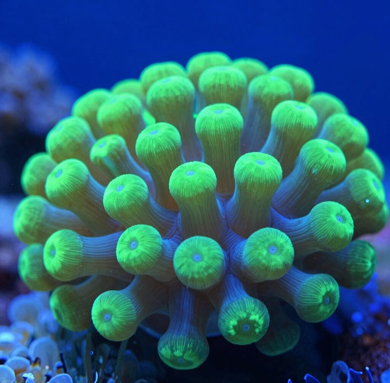 Macro detail shot of vibrant green live coral polyps under cool-toned blue LED lighting in a sterile laboratory setting, sharp focus, clean composition.