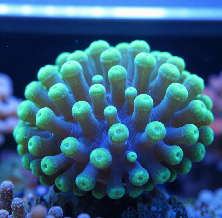 Macro photograph of vibrant green and blue acropora coral polyps under cool-toned laboratory LED lighting, sharp focus, clean water.