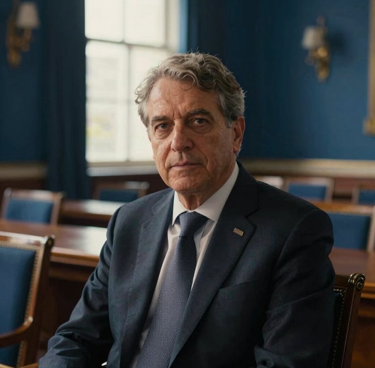 Medium-close environmental portrait of a global leader in a quiet, historic meeting hall, soft directional golden hour light, deep blue tones, 35mm