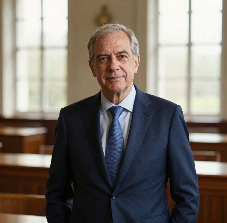 Warm editorial portrait of a mature global leader in a sunlit historic meeting hall, soft window light, deep blue tones, shallow depth of field, 35mm
