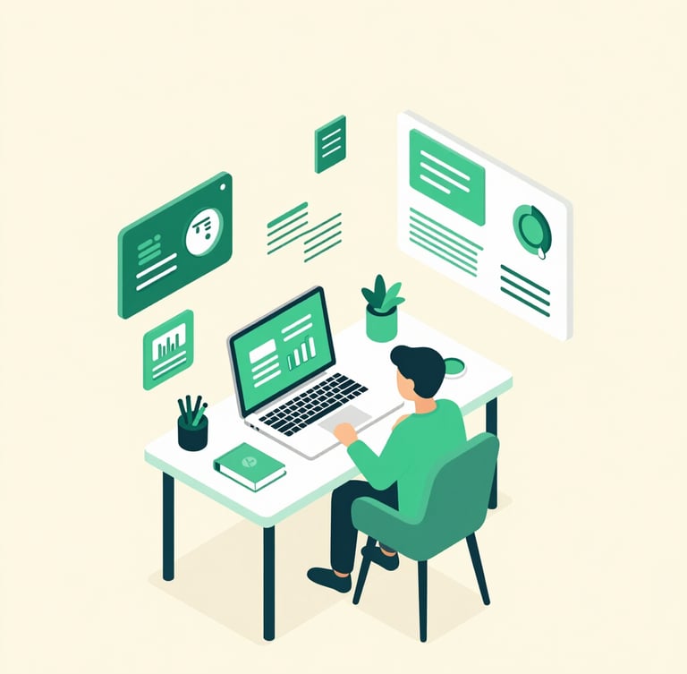Isometric illustration of a writer's modern desk setup, laptop open, surrounded by digital product mockups, books, and abstract data flows, emerald green and cream tones, soft studio lighting, minimalist tech startup aesthetic.