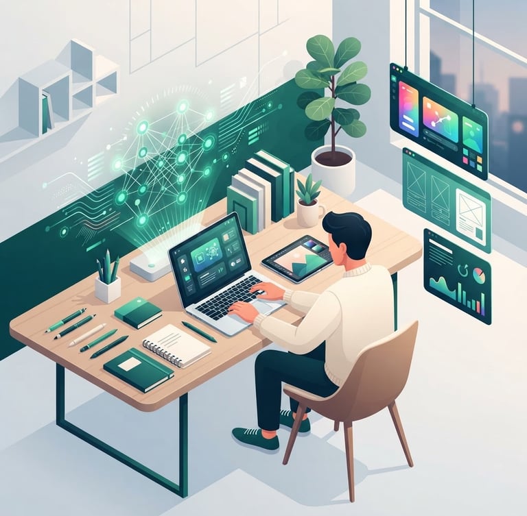 Clean vector illustration of a modern digital workspace. A creator is working on a sleek laptop, surrounded by abstract representations of books, AI neural networks, writing tools, and digital product interfaces. Soft studio lighting, emerald and cream tones, isometric view.