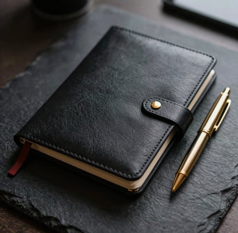 Editorial close-up of a high-end black leather notebook and a gold pen on a dark slate desk, soft side-lighting, shallow depth of field, 35mm