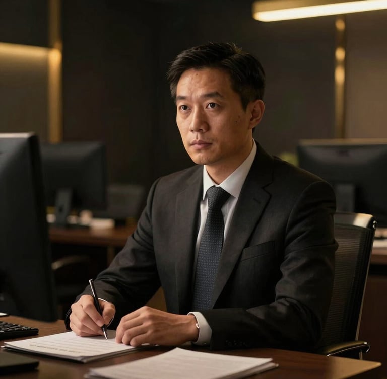 Editorial portrait of a focused insurance agency director in a high-end dark office, warm side-lighting, gold accents, shallow depth of field, 35mm