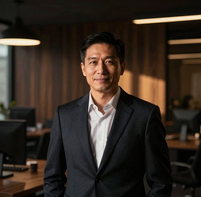 Editorial portrait of a professional insurance agency builder in a modern, dark-wood office, warm golden side-lighting, shallow depth of field, 35mm