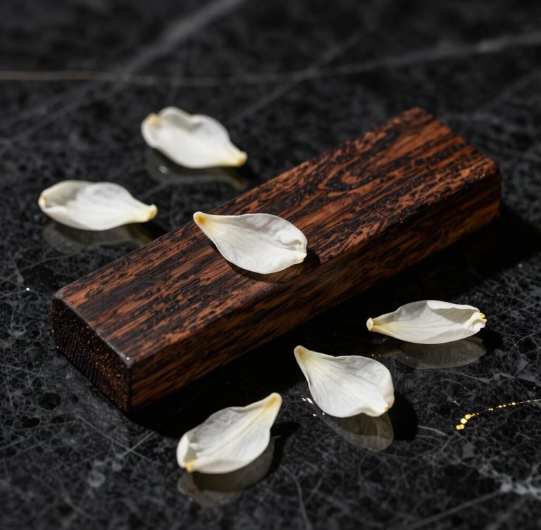 Macro shot of raw dark oud wood and delicate white jasmine petals resting on wet black marble, deep shadows, high-contrast studio lighting.