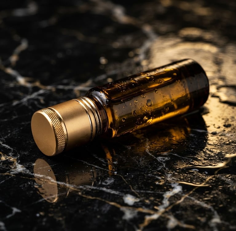 Extreme close-up macro photography of a sleek 6ml glass roll-on bottle resting on wet black marble, dramatic shadows, gold light reflections.