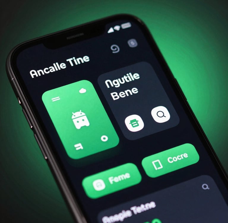 Tight macro shot of a sleek Android device mockup displaying a high-performance native application interface. Dark mode UI with vibrant green accents, clean geometric typography, and system widgets, set against a subtle green backlighting glow.