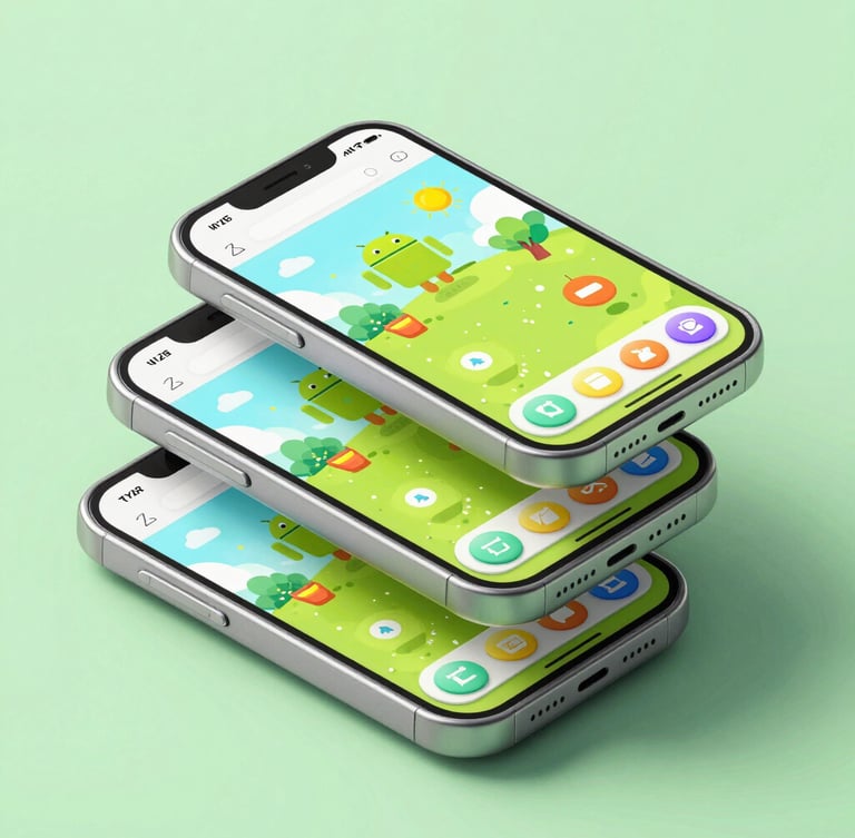 Isometric stack of three high-fidelity Android phone mockups displaying vibrant, child-friendly educational game interfaces with rounded buttons and playful vector illustrations under soft green digital backlighting.