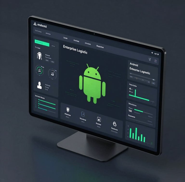 Isometric high-fidelity vector device mockup showing a dense dark-mode Android enterprise logistics dashboard, vibrant green accents, sharp data visualization widgets, zero-latency UI design.