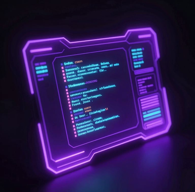 Sleek digital rendering of a glowing futuristic neon violet interface with floating code blocks, high-contrast dark background