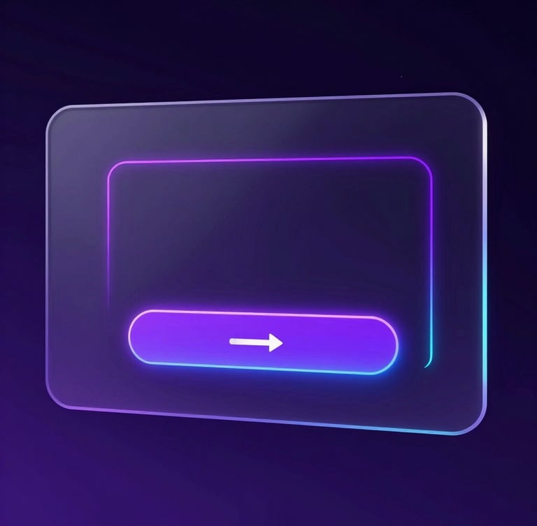 Sleek UI mockup of a prompt library interface, showing a glowing copy button, neon purple accents, glassmorphic panels, high-contrast digital rendering